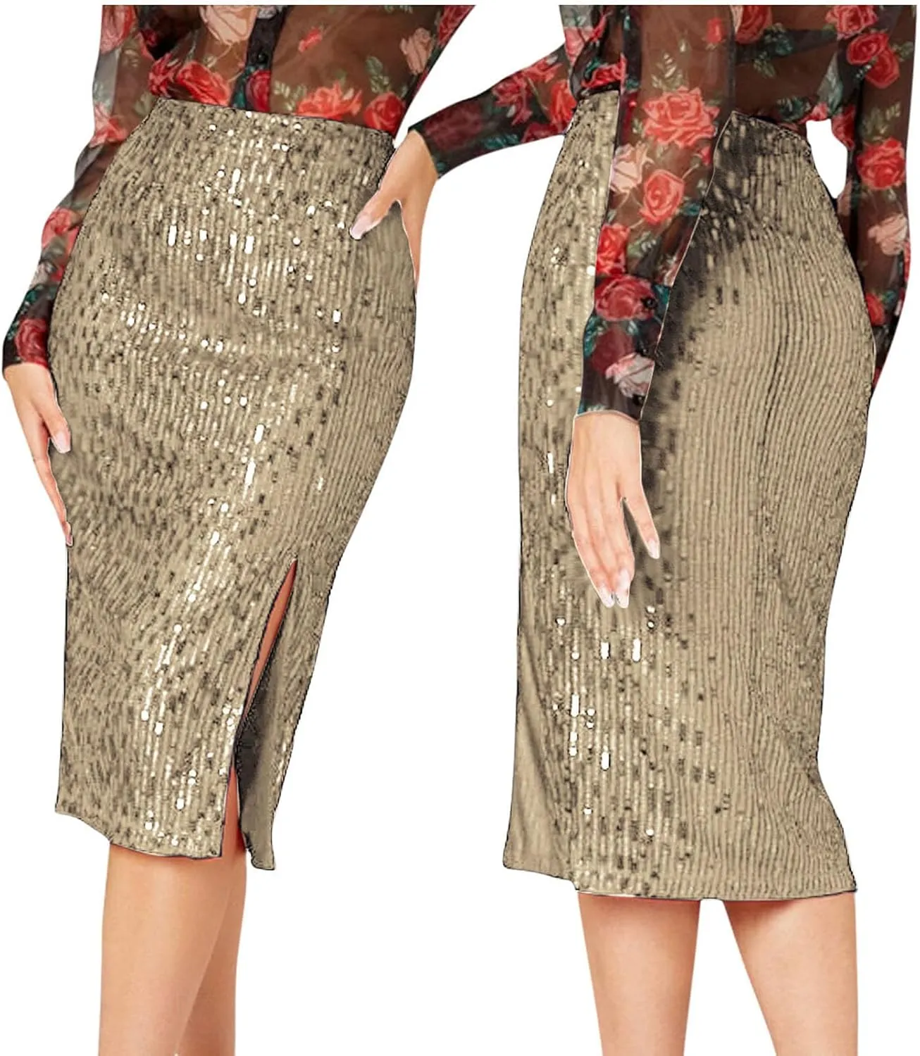 Sequin Midi Skirt with Slit for Women Elegant Sparkle High Waist Pencil Cocktail Party Skirt Business Work Skirts