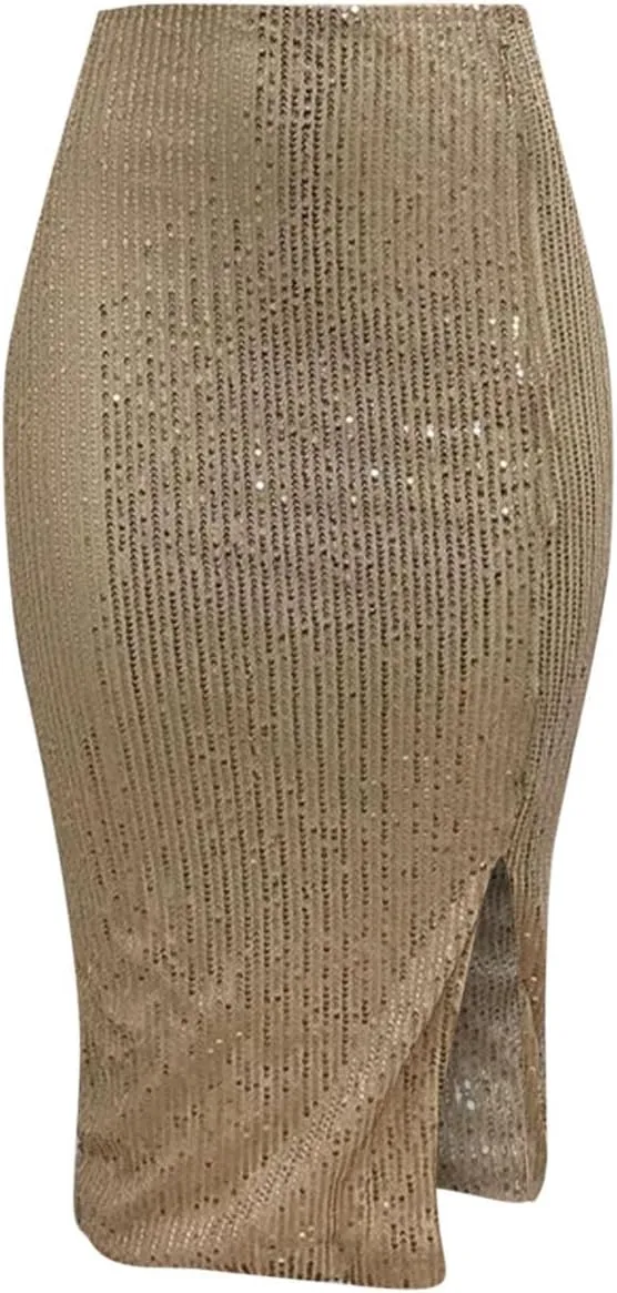 Sequin Midi Skirt with Slit for Women Elegant Sparkle High Waist Pencil Cocktail Party Skirt Business Work Skirts