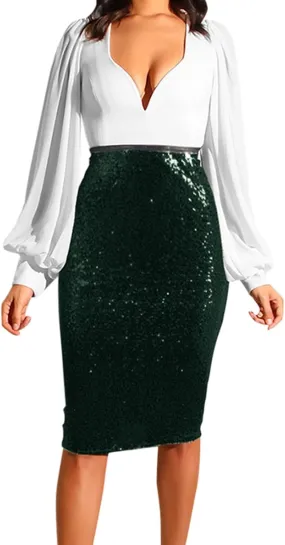 Sequin Skirt for Women, Sparkly Skirts, Sexy Glitter High Waist Casual Midi Skirt Bodycon for Holiday/Party/Business