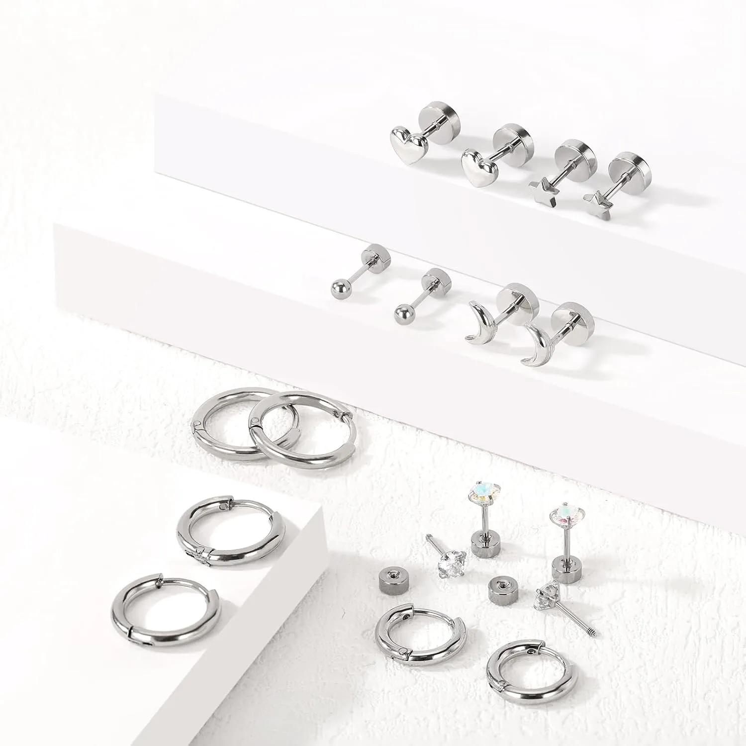 SHOWNICE Surgical Stainless Steel Flat Back Earrings for Women, Hypoallergenic Sleeping Stud Multiple Piercing Earrings Tiny Screw Back Cartilage Earring Sets
