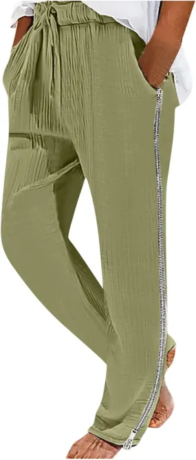 Side Zipper Pants for Men Cotton Linen Drawstring Pants Lightweight Elastic Waist Loose Lounge Pants Casual Trousers