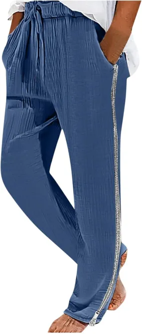 Side Zipper Pants for Men Cotton Linen Drawstring Pants Lightweight Elastic Waist Loose Lounge Pants Casual Trousers