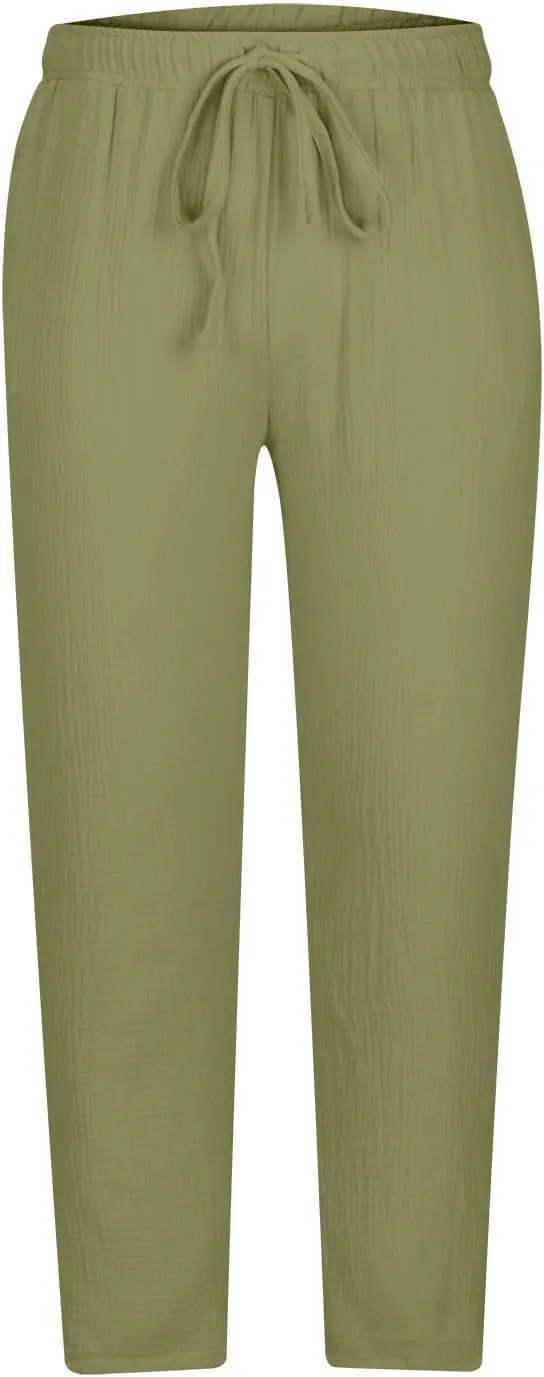 Side Zipper Pants for Men Cotton Linen Drawstring Pants Lightweight Elastic Waist Loose Lounge Pants Casual Trousers