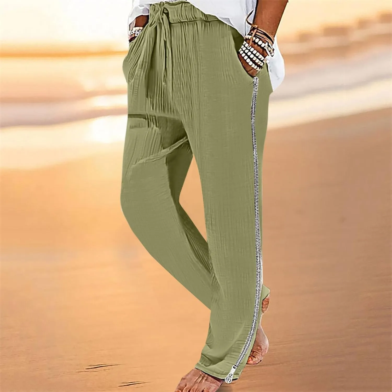 Side Zipper Pants for Men Cotton Linen Drawstring Pants Lightweight Elastic Waist Loose Lounge Pants Casual Trousers
