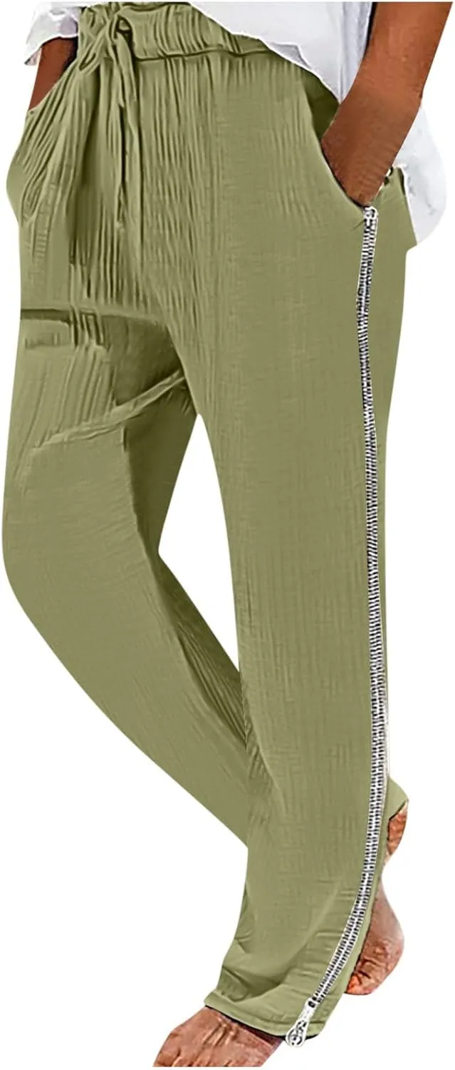 Side Zipper Pants for Men Cotton Linen Drawstring Pants Lightweight Elastic Waist Loose Lounge Pants Casual Trousers