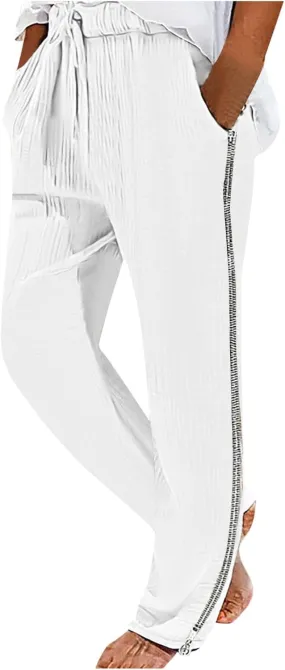 Side Zipper Pants for Men Cotton Linen Drawstring Pants Lightweight Elastic Waist Loose Lounge Pants Casual Trousers