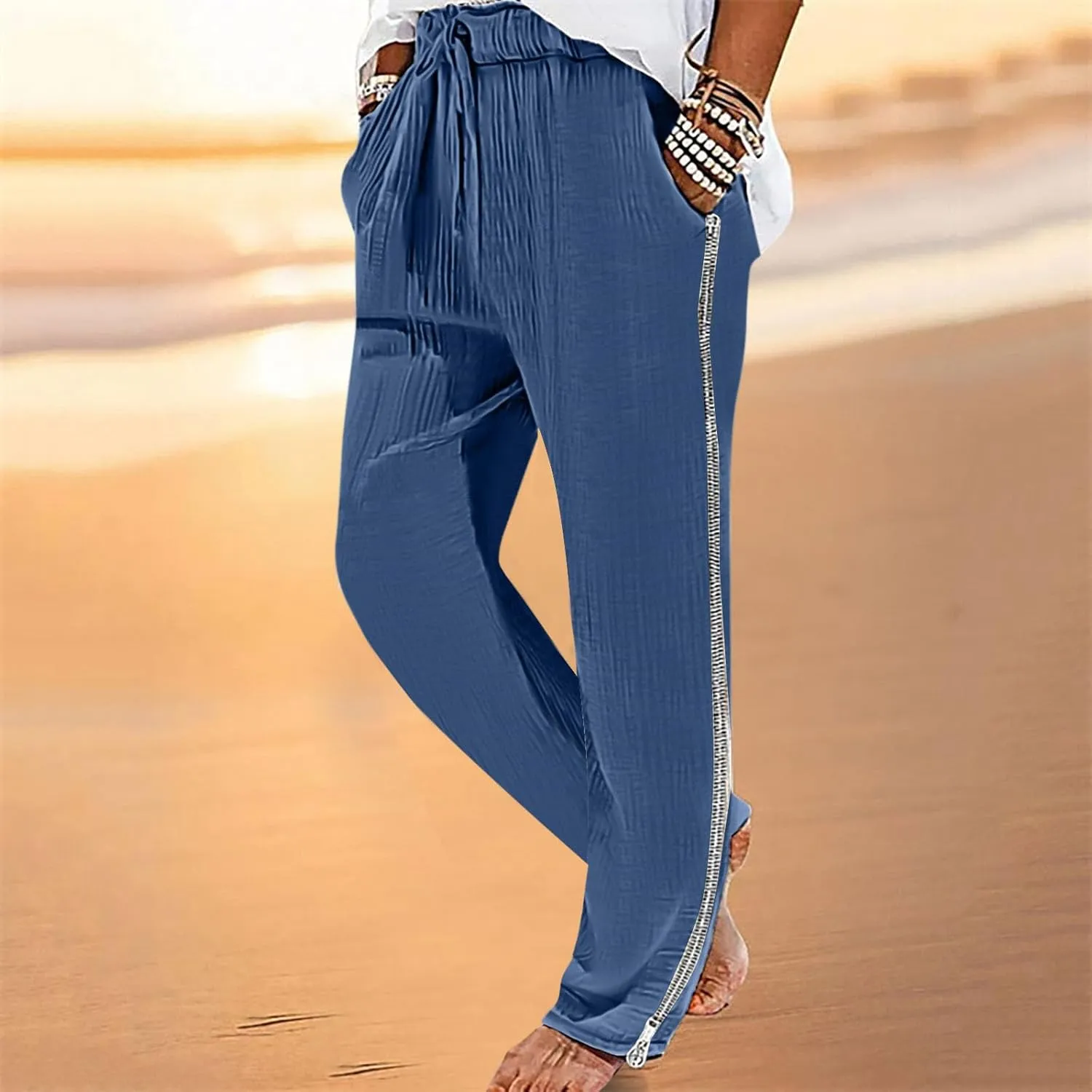 Side Zipper Pants for Men Cotton Linen Drawstring Pants Lightweight Elastic Waist Loose Lounge Pants Casual Trousers