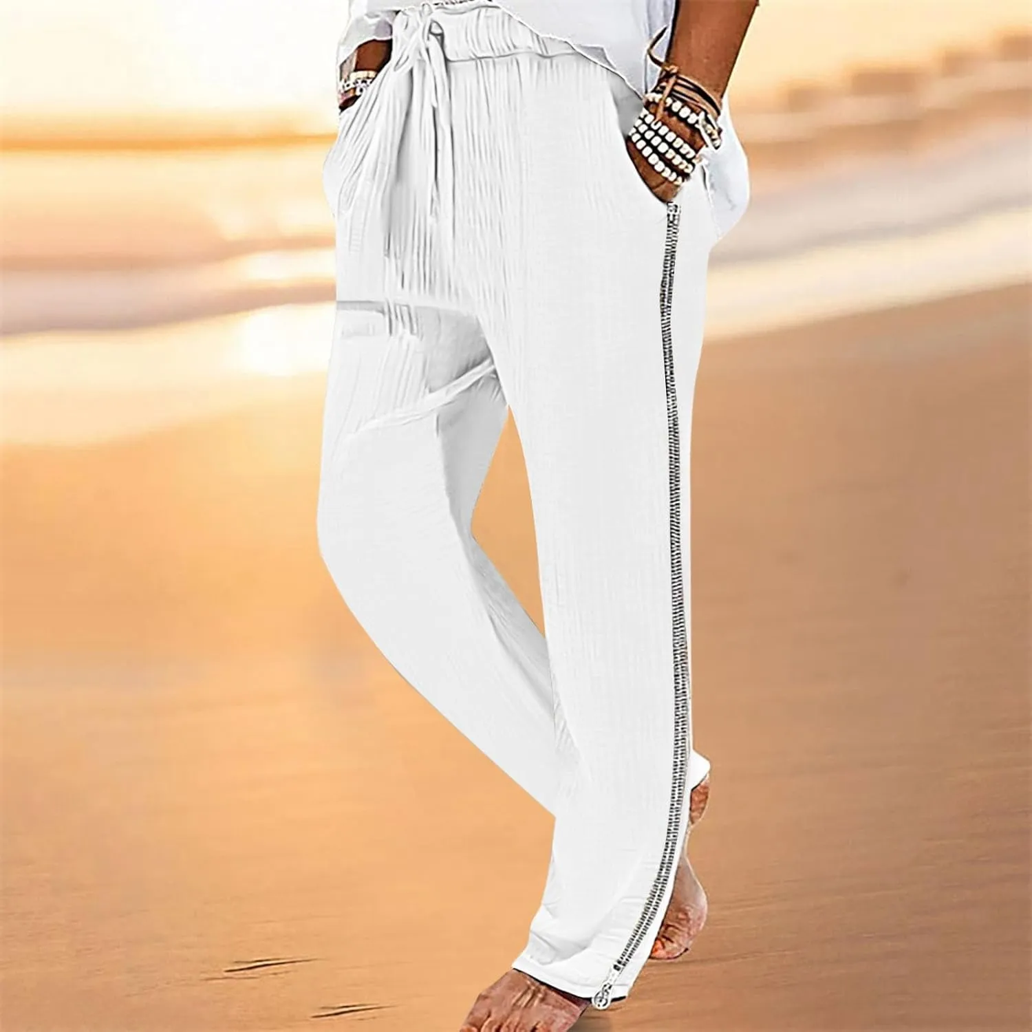 Side Zipper Pants for Men Cotton Linen Drawstring Pants Lightweight Elastic Waist Loose Lounge Pants Casual Trousers