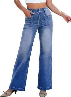 Sidefeel Women's Wide Leg Jeans High Waisted Tummy Control Stretchy Pockets Front Zimbaplatinum Jeans
