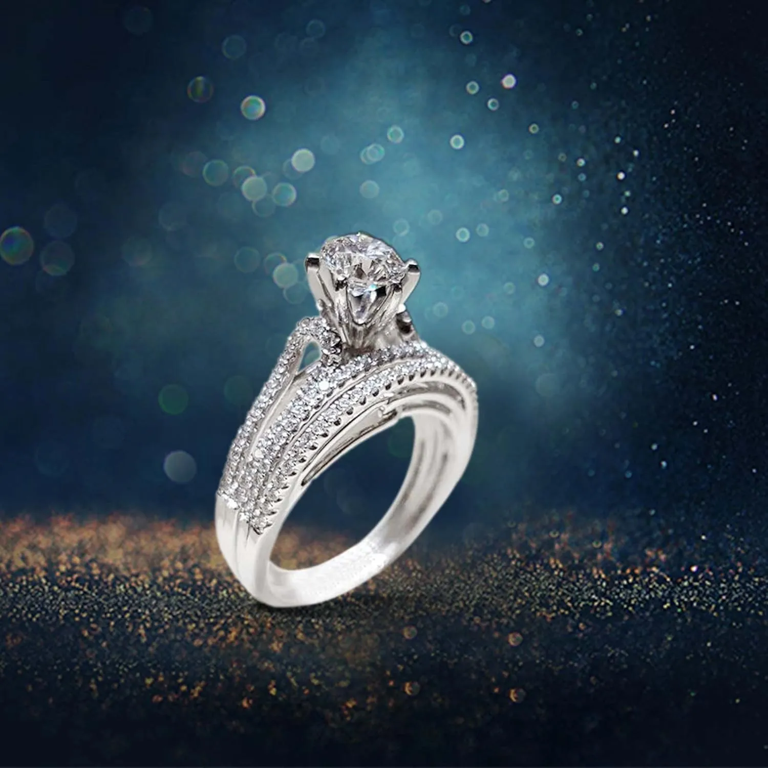 Silver Engagement Ring Wedding Bands Bridal Set for Women Solitaire Round Cut Cubic Zirconia Engagement Ring