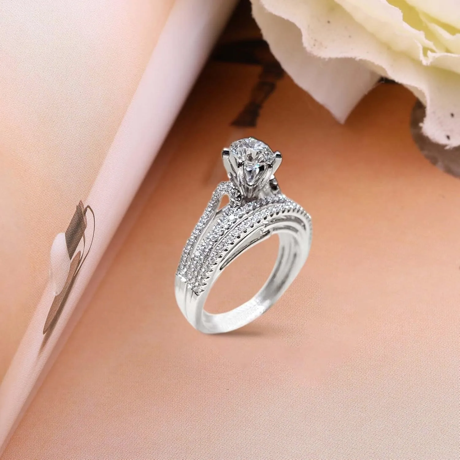 Silver Engagement Ring Wedding Bands Bridal Set for Women Solitaire Round Cut Cubic Zirconia Engagement Ring