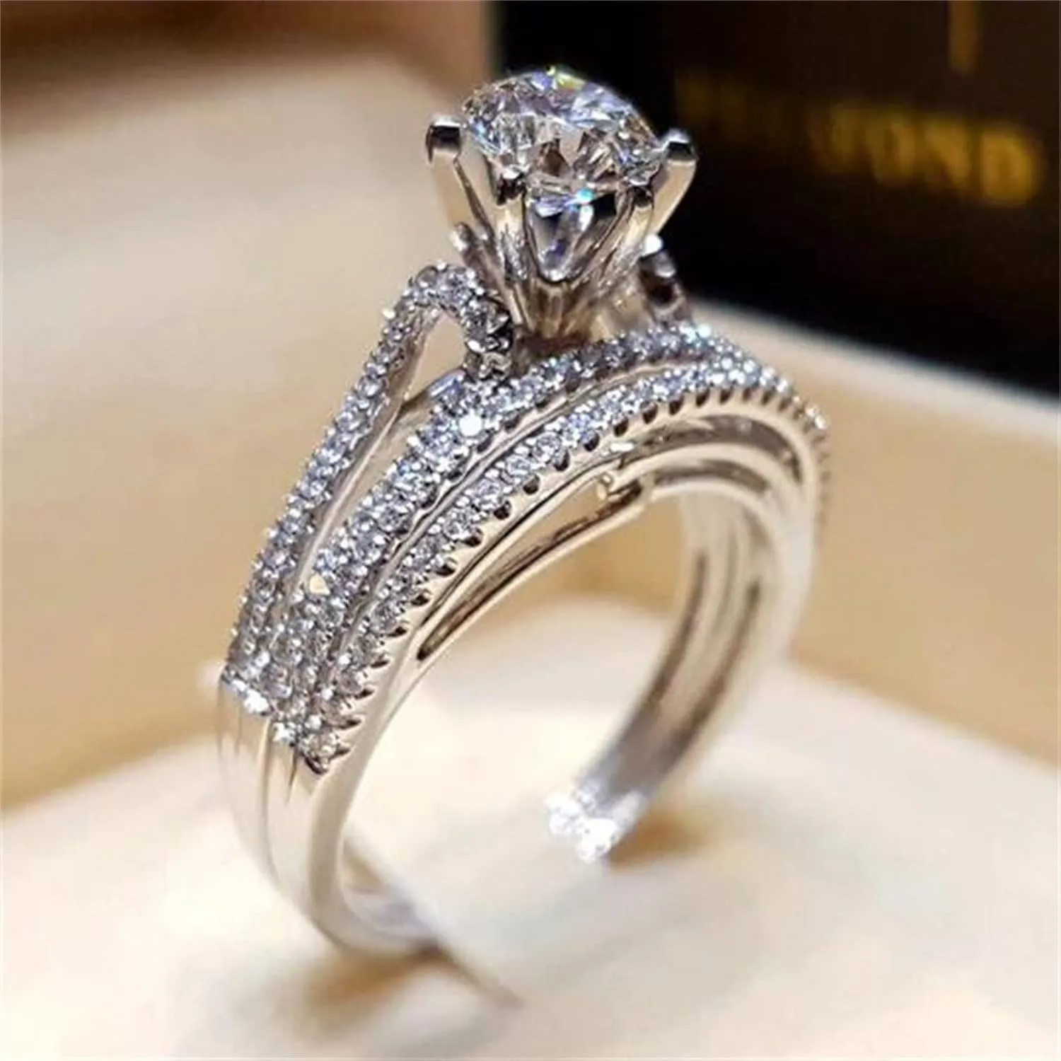 Silver Engagement Ring Wedding Bands Bridal Set for Women Solitaire Round Cut Cubic Zirconia Engagement Ring