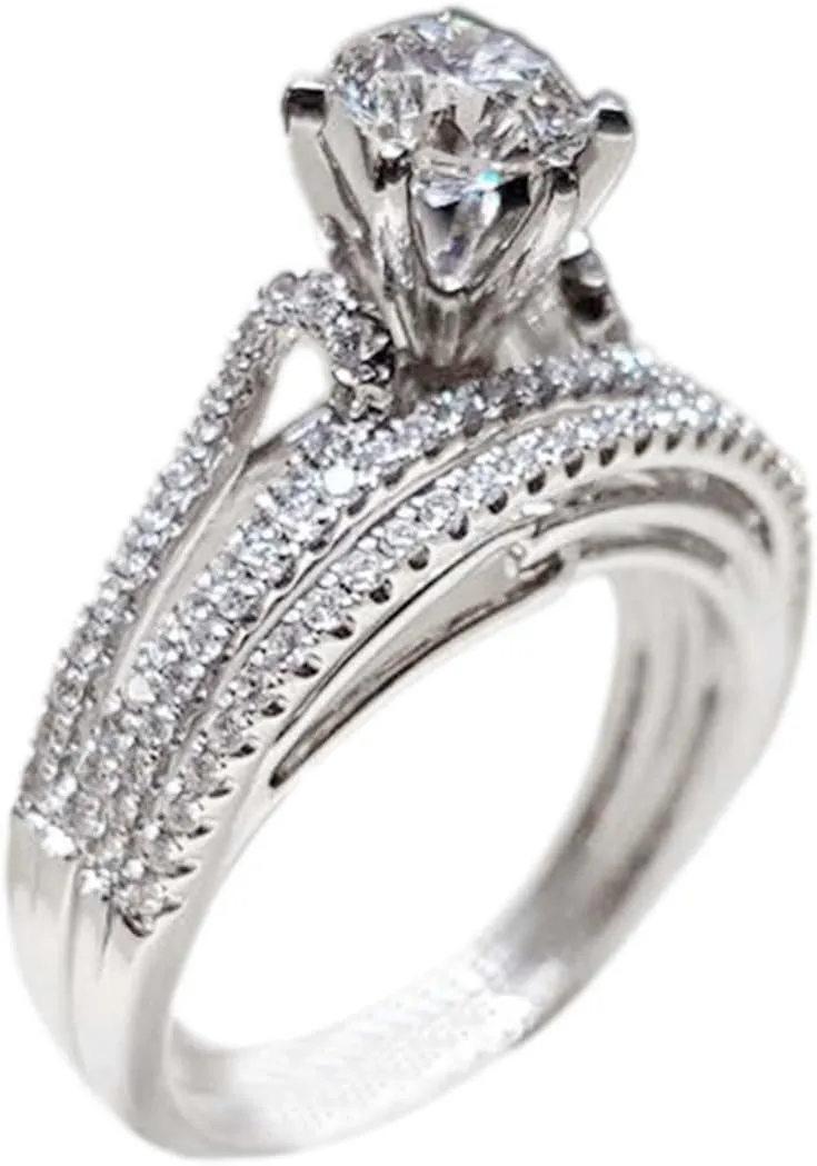 Silver Engagement Ring Wedding Bands Bridal Set for Women Solitaire Round Cut Cubic Zirconia Engagement Ring