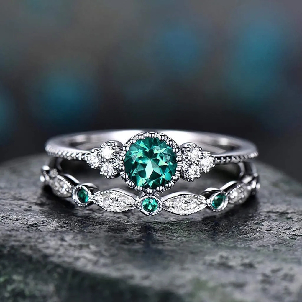 Silver Wedding Engagement Rings Purple/Blue/Green Round Cubic Zirconia CZ Anniversary Ring Set for Women
