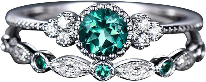 Silver Wedding Engagement Rings Purple/Blue/Green Round Cubic Zirconia CZ Anniversary Ring Set for Women