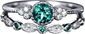 Silver Wedding Engagement Rings Purple/Blue/Green Round Cubic Zirconia CZ Anniversary Ring Set for Women
