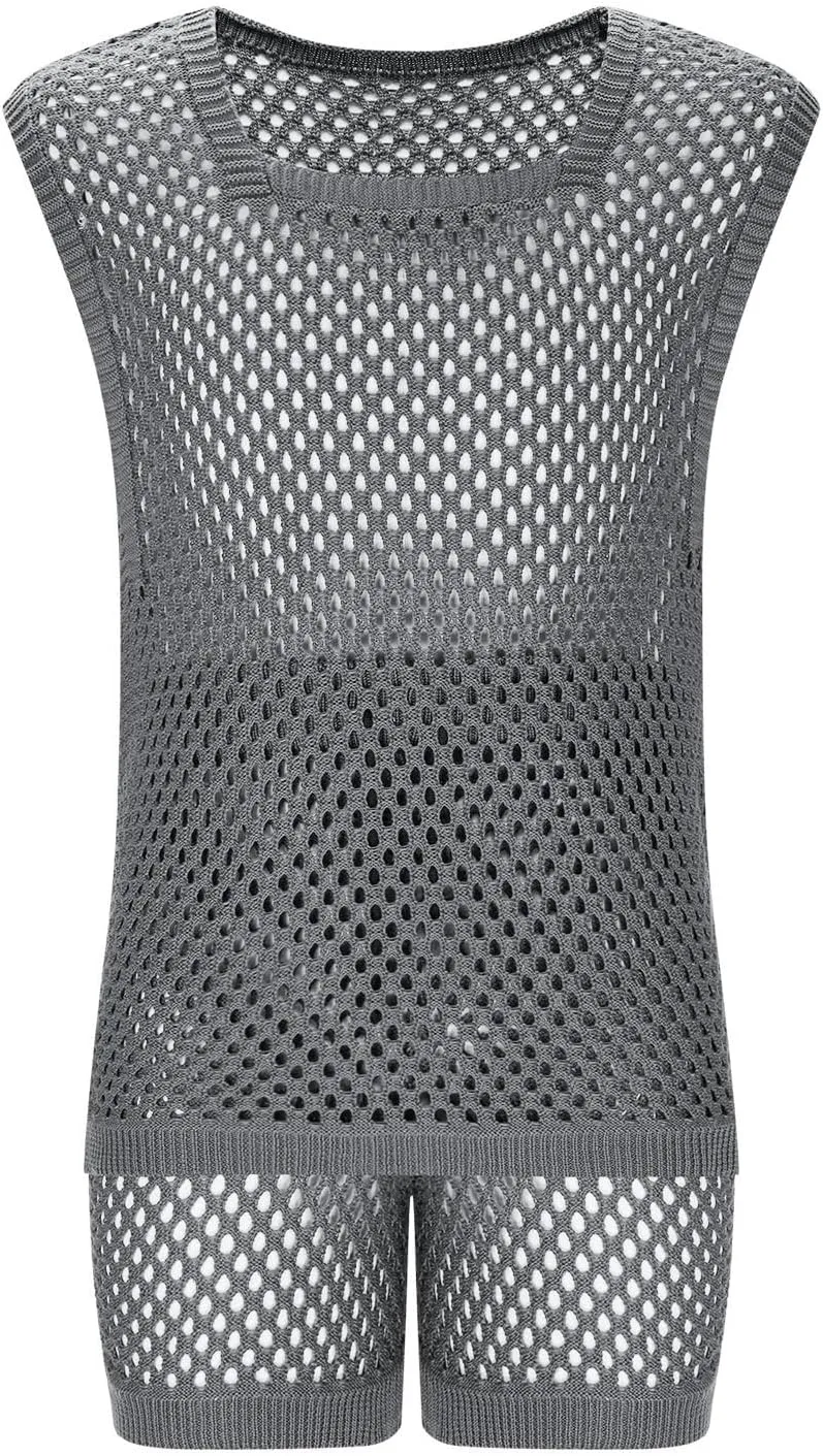 Sinzelimin Mens Workout Set Fashion Crochet Cutout Tank Tops Shorts Suit Loose Comfy Vest Beach Short Pant Casual Outfits