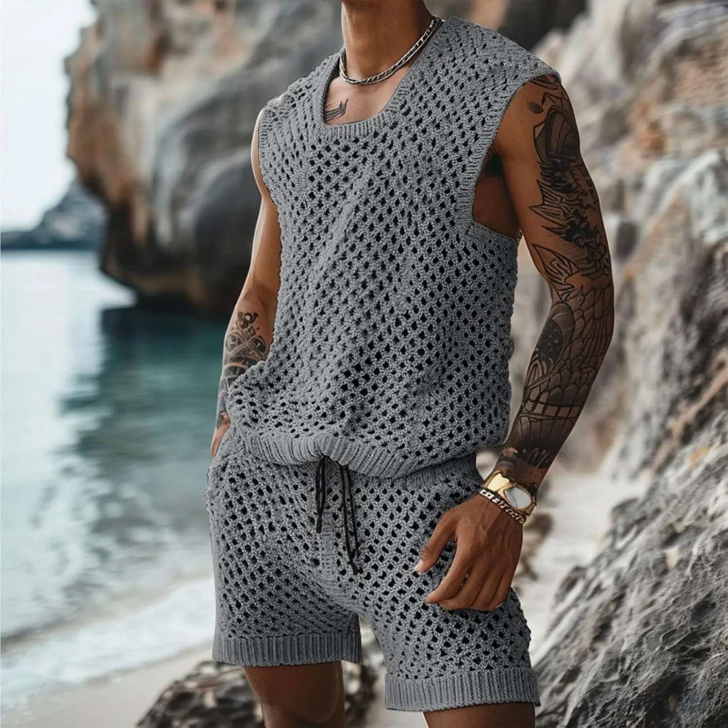 Sinzelimin Mens Workout Set Fashion Crochet Cutout Tank Tops Shorts Suit Loose Comfy Vest Beach Short Pant Casual Outfits
