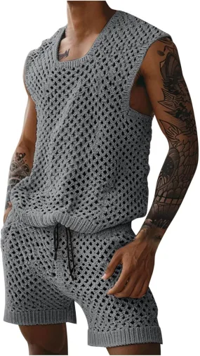 Sinzelimin Mens Workout Set Fashion Crochet Cutout Tank Tops Shorts Suit Loose Comfy Vest Beach Short Pant Casual Outfits