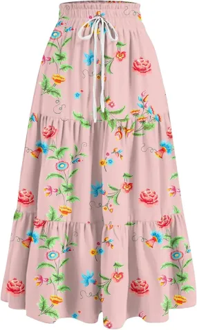Skirts for Women Trendy Summer Tiered Elastic High Waisted Floral Skirt Vacation A Line Drawstring Flowy Long Skirts
