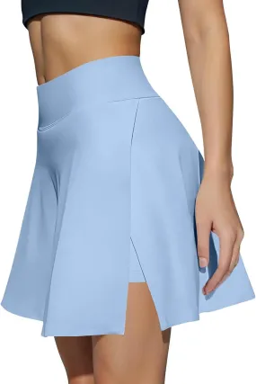 Skirts for Women, Women's Pleated Tennis Skirt with Shorts Casual Versatile Stretchy Athletic Skorts Flowy Side Slit Golf Skirts with Pockets, mini Tennis Skirt(Light Blue,S)