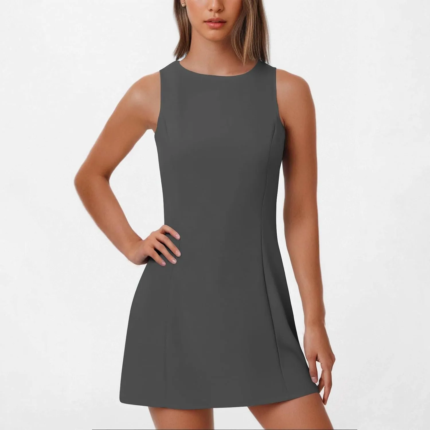 Sleeveless Mini Dresses for Women, Casual Crewneck Zip A Line Tank Dress, Solid Summer Beach Holiday Lounge Outfits