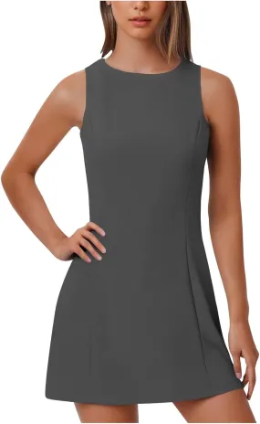 Sleeveless Mini Dresses for Women, Casual Crewneck Zip A Line Tank Dress, Solid Summer Beach Holiday Lounge Outfits