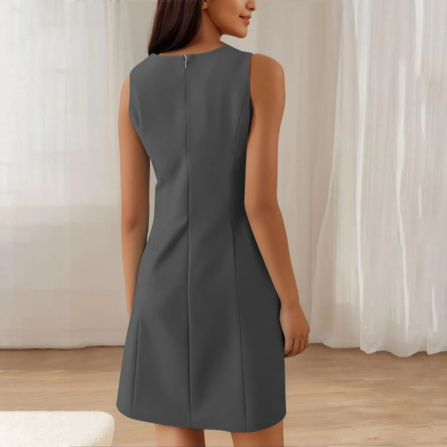 Sleeveless Mini Dresses for Women, Casual Crewneck Zip A Line Tank Dress, Solid Summer Beach Holiday Lounge Outfits