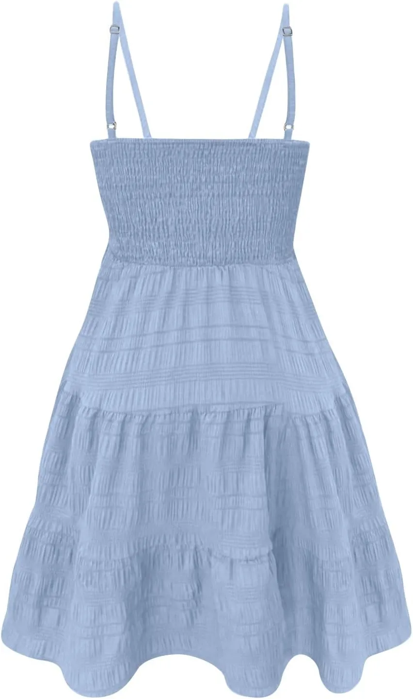 Smocked Sundress for Women Summer Dressy Straps Sleeveless Tiered Mini Flowy Swing Dress Square Neck A-line Dress