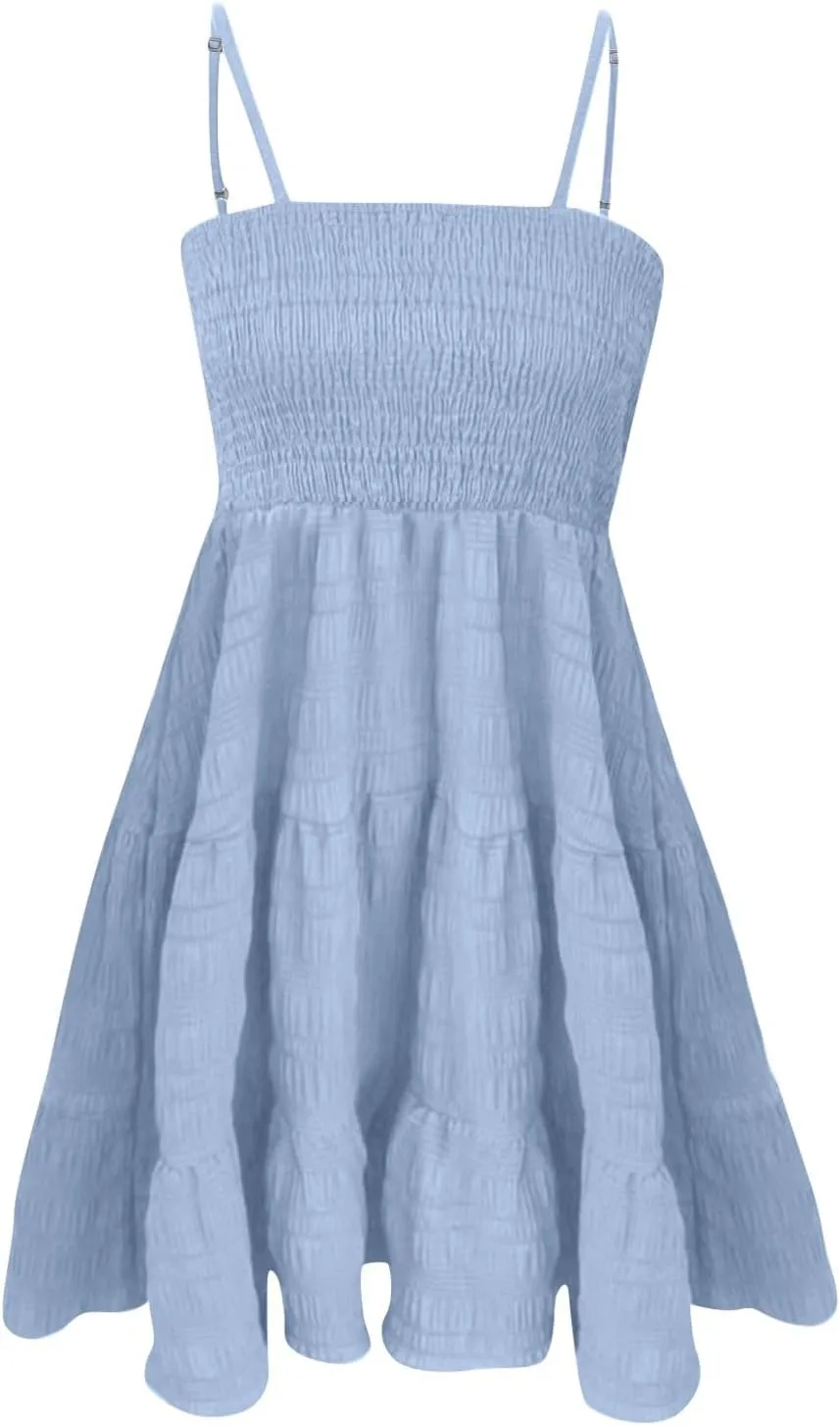 Smocked Sundress for Women Summer Dressy Straps Sleeveless Tiered Mini Flowy Swing Dress Square Neck A-line Dress