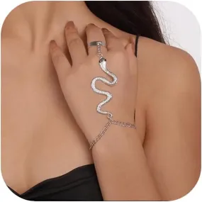 Snake Hand Chain Finger Ring Bracelet,Vintage Slave Chain Hand Harness Bracelet Gothic Bracelet with Open Band Ring Personality Punk Animal Jewelry for Women Music Lover