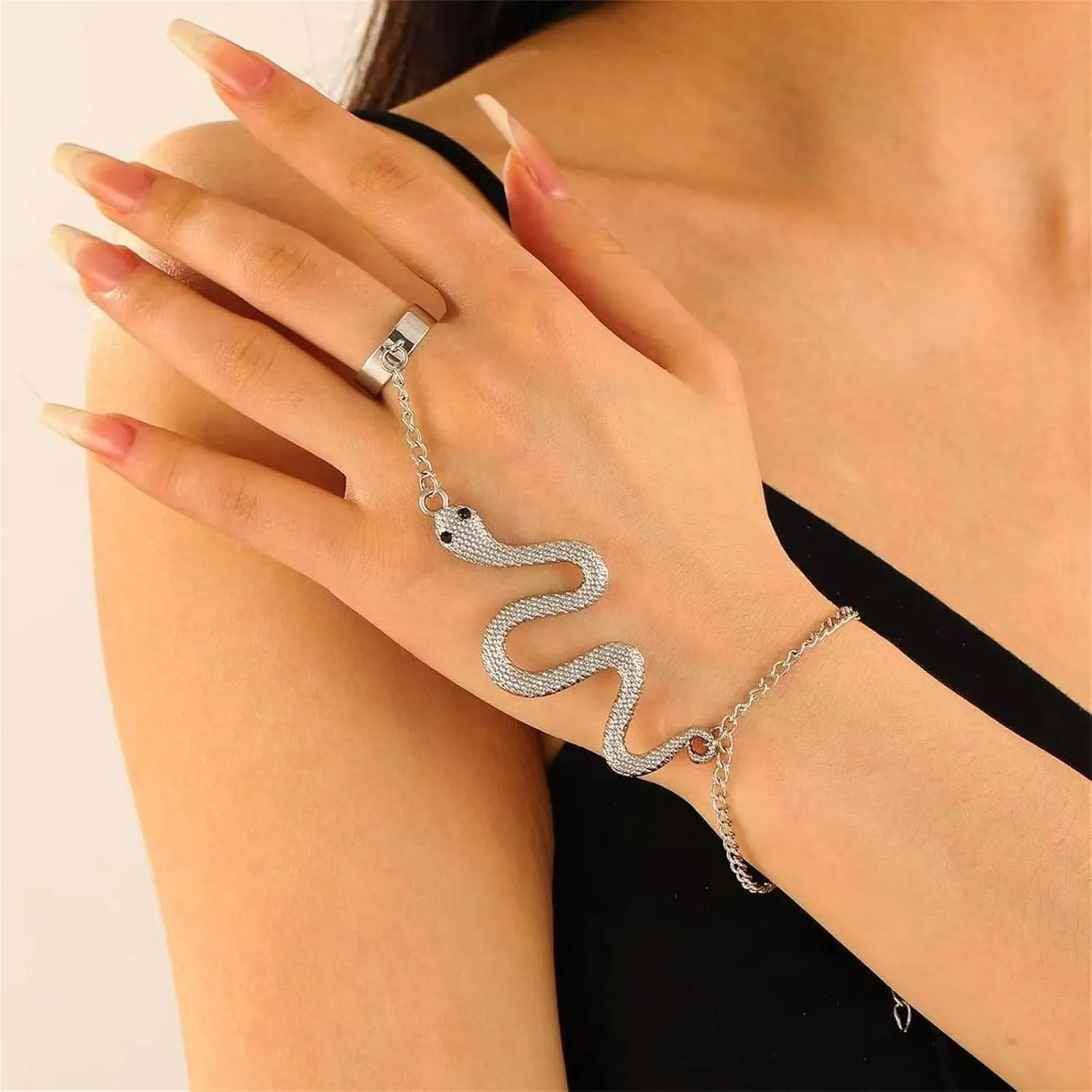 Snake Hand Chain Finger Ring Bracelet,Vintage Slave Chain Hand Harness Bracelet Gothic Bracelet with Open Band Ring Personality Punk Animal Jewelry for Women Music Lover
