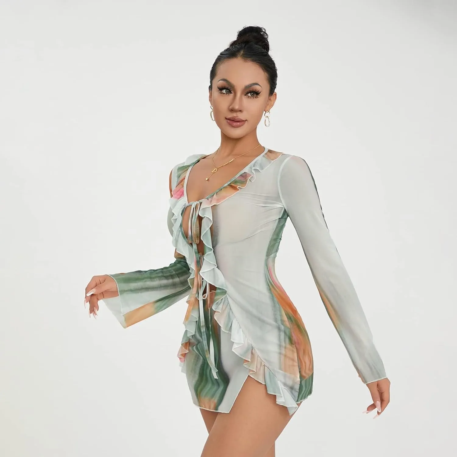 SOLILOQUY Women Sexy Cut Out Bodycon Mini Dress Long Flare Sleeve Ruffle Low Cut Neckline Tie Front Sheer Mesh Beach Dress