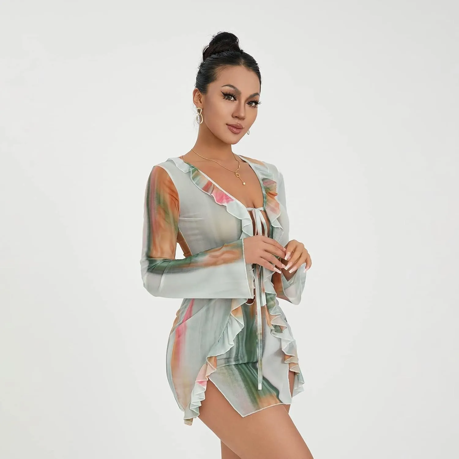 SOLILOQUY Women Sexy Cut Out Bodycon Mini Dress Long Flare Sleeve Ruffle Low Cut Neckline Tie Front Sheer Mesh Beach Dress