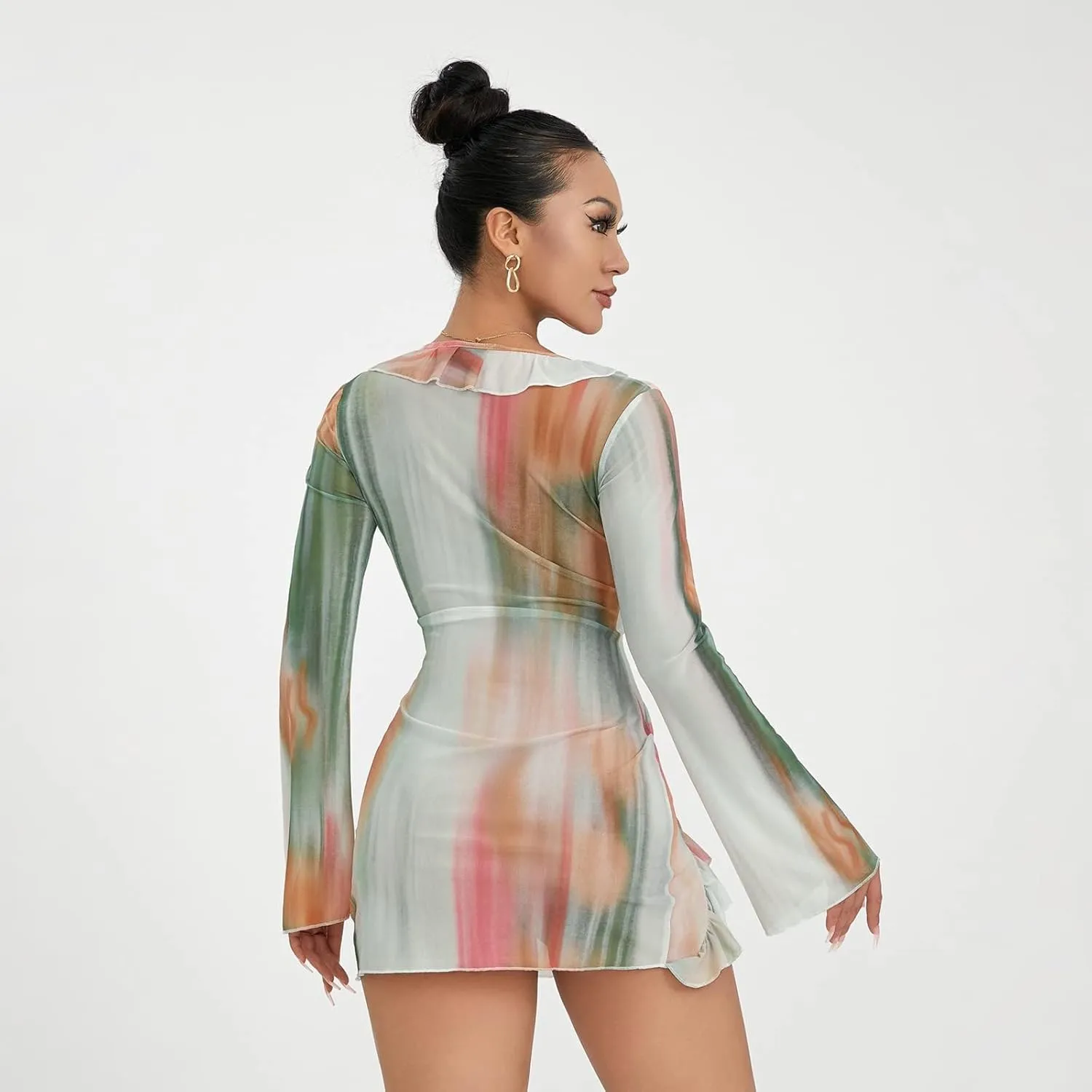 SOLILOQUY Women Sexy Cut Out Bodycon Mini Dress Long Flare Sleeve Ruffle Low Cut Neckline Tie Front Sheer Mesh Beach Dress