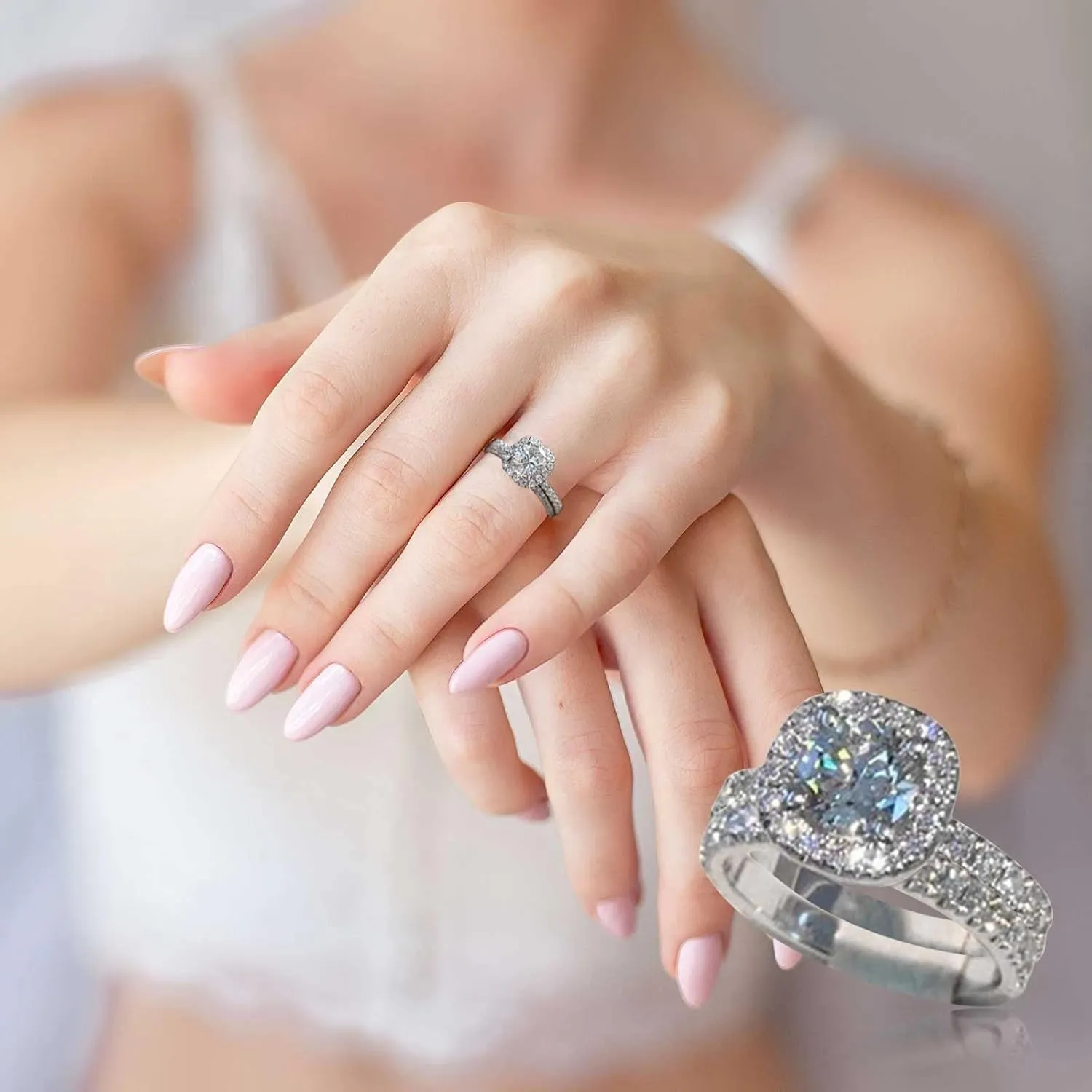 Solitaire Silver Vintage Anniversary Promise Ring for Her, Cushion Cut Engagement Rings, Wedding/Bridal Ring Set