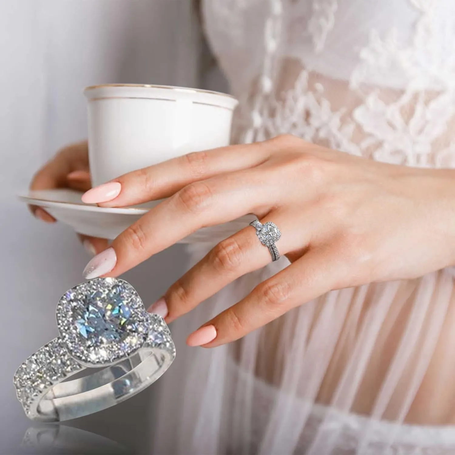 Solitaire Silver Vintage Anniversary Promise Ring for Her, Cushion Cut Engagement Rings, Wedding/Bridal Ring Set