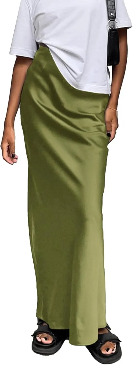 SOMTHRON Women's High Waist Satin Maxi Skirt Summer Silky A-Line Flowy Zipper Elegant Mermaid Long Skirts
