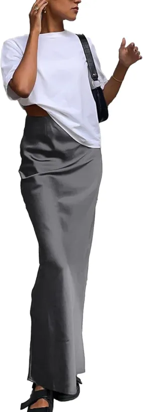 SOMTHRON Women's High Waist Satin Maxi Skirt Summer Silky A-Line Flowy Zipper Elegant Mermaid Long Skirts