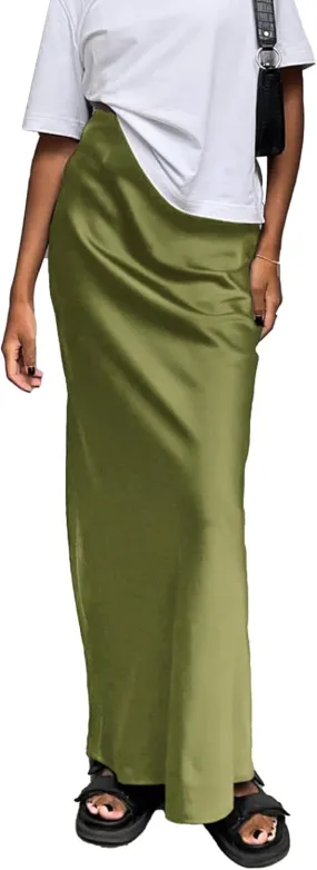 SOMTHRON Women's High Waist Satin Maxi Skirt Summer Silky A-Line Flowy Zipper Elegant Mermaid Long Skirts