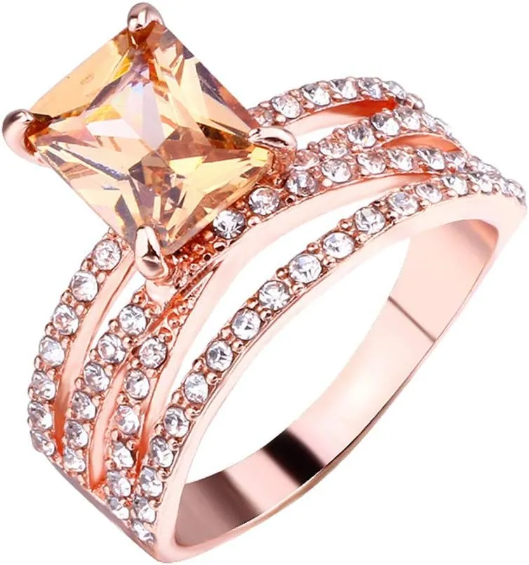 Stackable Rings Set for Women Girls Fashion Jewelry Rose Gold Plated Silver Square Champagne Cubic Zirconia Ring