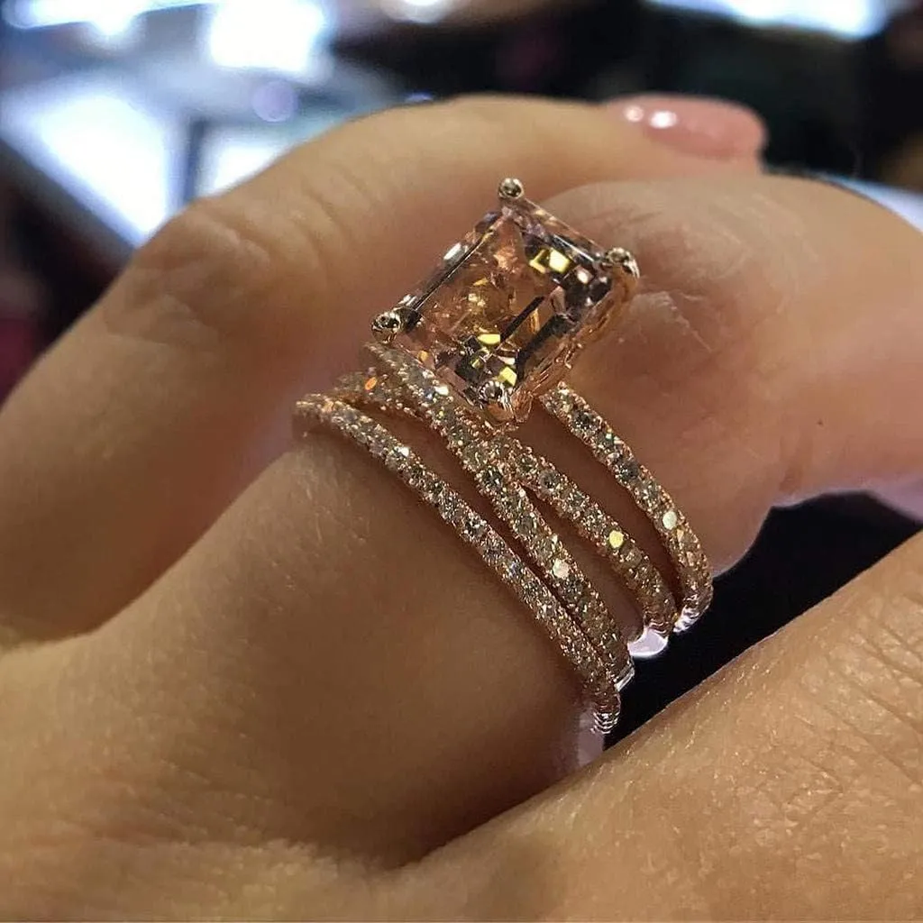 Stackable Rings Set for Women Girls Fashion Jewelry Rose Gold Plated Silver Square Champagne Cubic Zirconia Ring