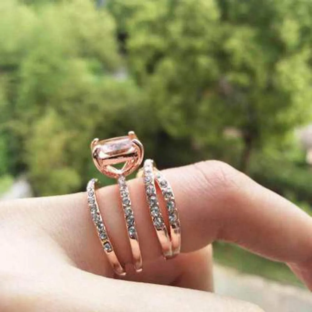 Stackable Rings Set for Women Girls Fashion Jewelry Rose Gold Plated Silver Square Champagne Cubic Zirconia Ring