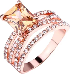 Stackable Rings Set for Women Girls Fashion Jewelry Rose Gold Plated Silver Square Champagne Cubic Zirconia Ring