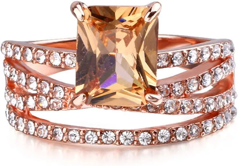 Stackable Rings Set for Women Girls Fashion Jewelry Rose Gold Plated Silver Square Champagne Cubic Zirconia Ring
