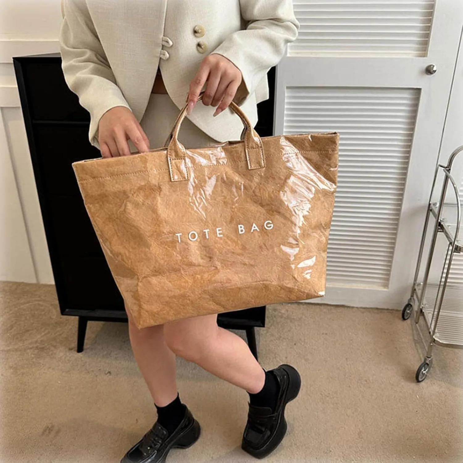 Stellaya Tote Bag, Womens Letters Print Tote Bag, Fashion Large Handle PVC Kraft Paper Handbag
