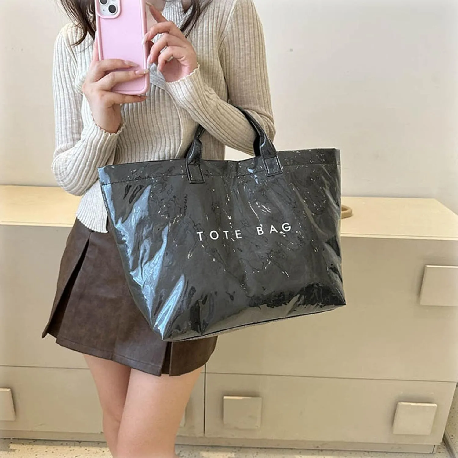Stellaya Tote Bag, Womens Letters Print Tote Bag, Fashion Large Handle PVC Kraft Paper Handbag
