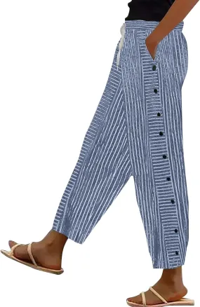 Striped Linen Pant Women Lightweight Side Button Elastic Waist Straight Leg Trendy Capri Casual Summer Trouser Pocket