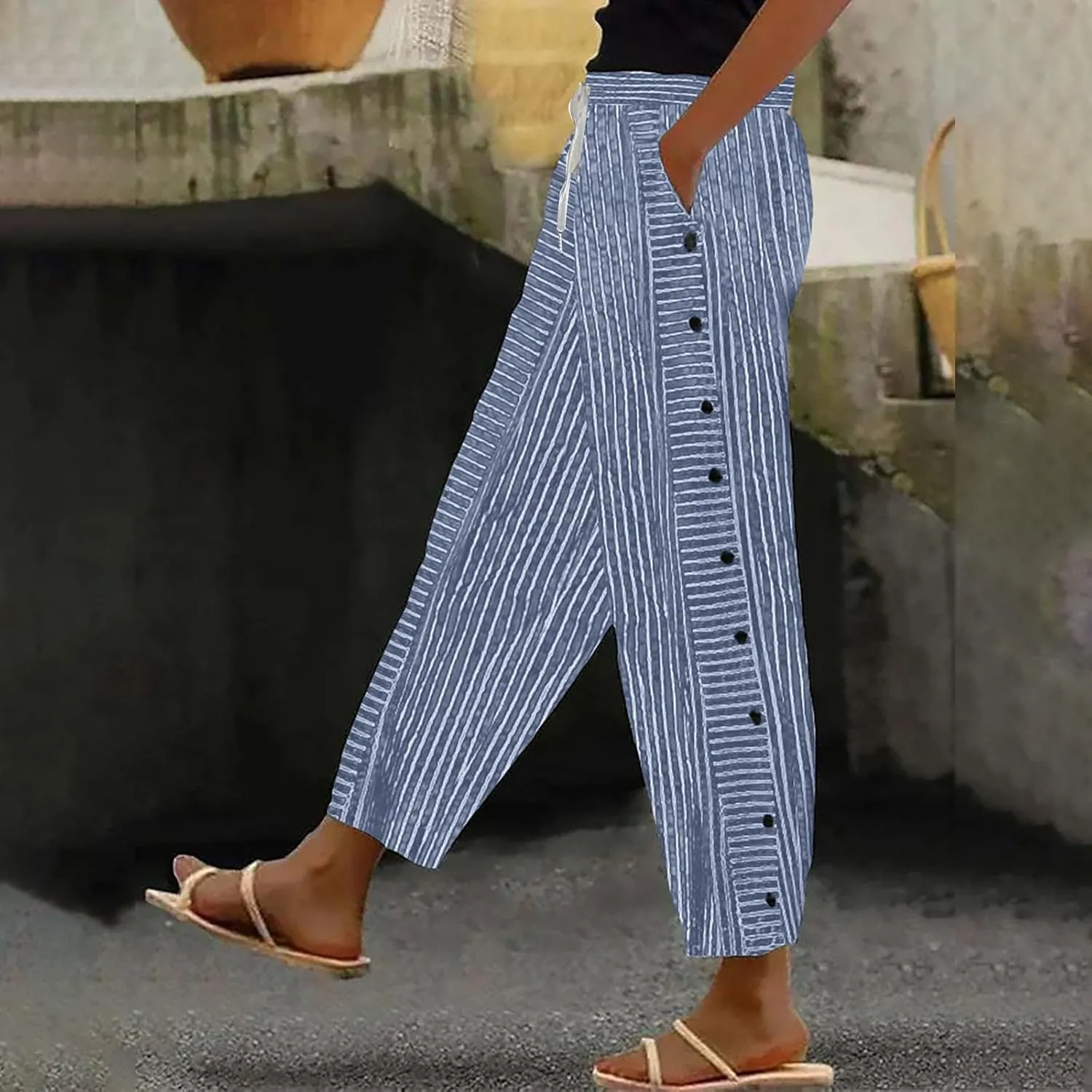Striped Linen Pant Women Lightweight Side Button Elastic Waist Straight Leg Trendy Capri Casual Summer Trouser Pocket