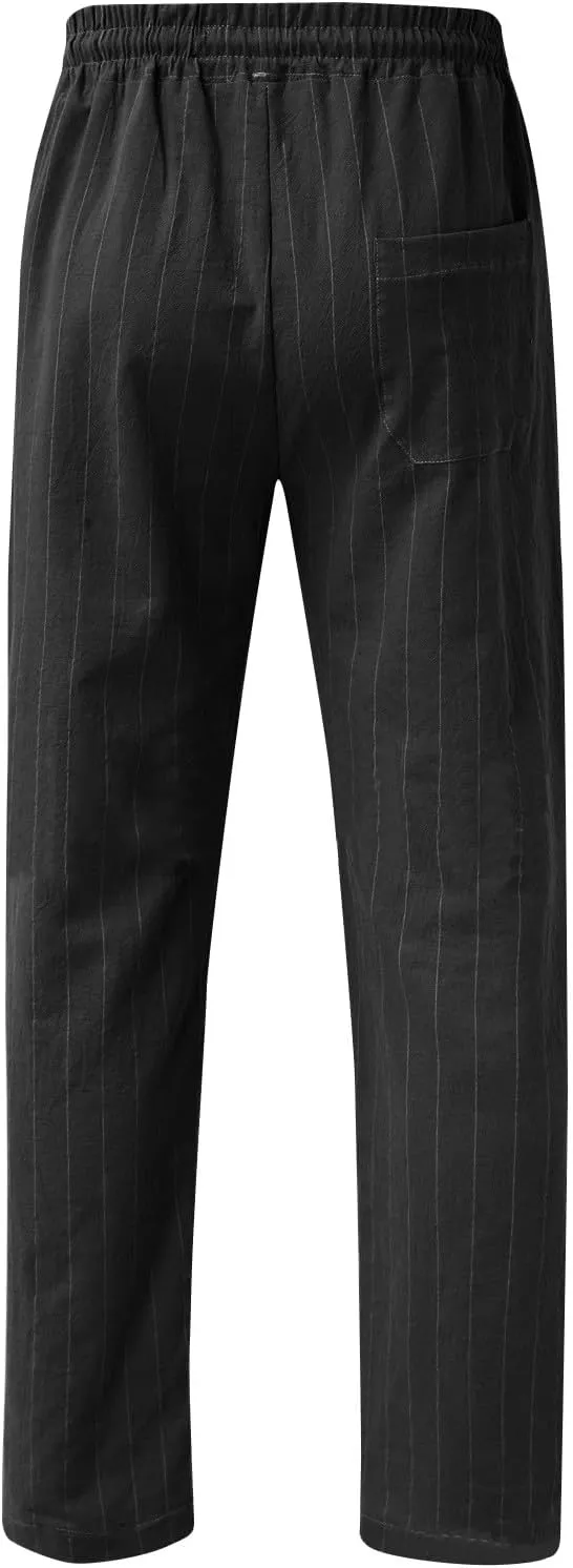 Striped Linen Pants Men Slim Fit Drawstring Dress Pants Elastic Waist Summer Lounge Pants Casual Comfy Trousers